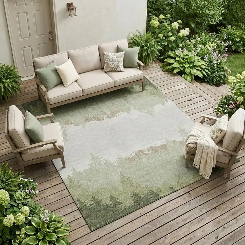 Green And Ivory Floral Washable Indoor Outdoor Area Rug Photo 1