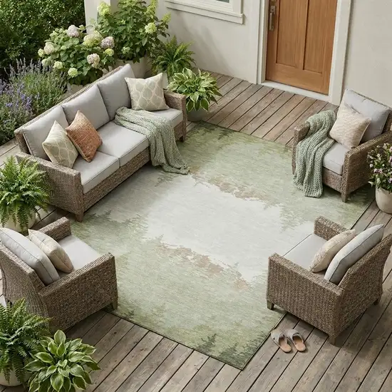 Green And Ivory Floral Washable Indoor Outdoor Area Rug Photo 1