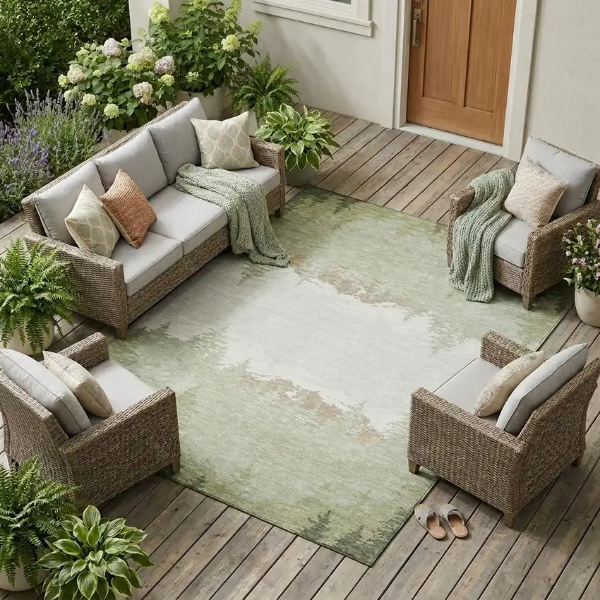 Green And Ivory Floral Washable Indoor Outdoor Area Rug Photo 1