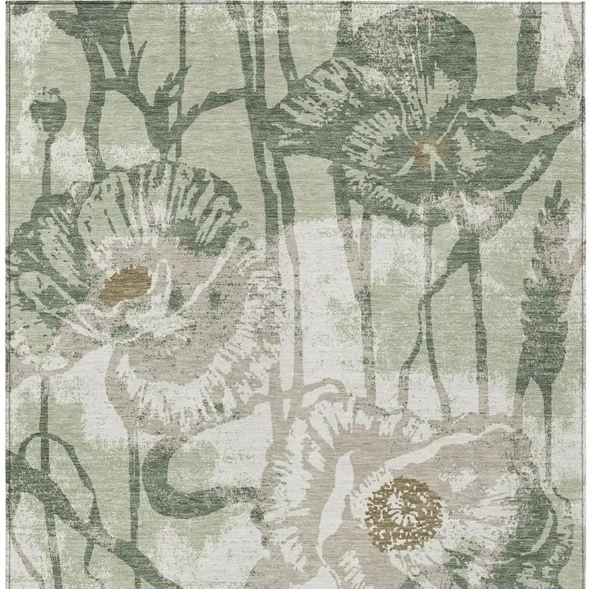 Green And Ivory Floral Washable Indoor Outdoor Area Rug Photo 3