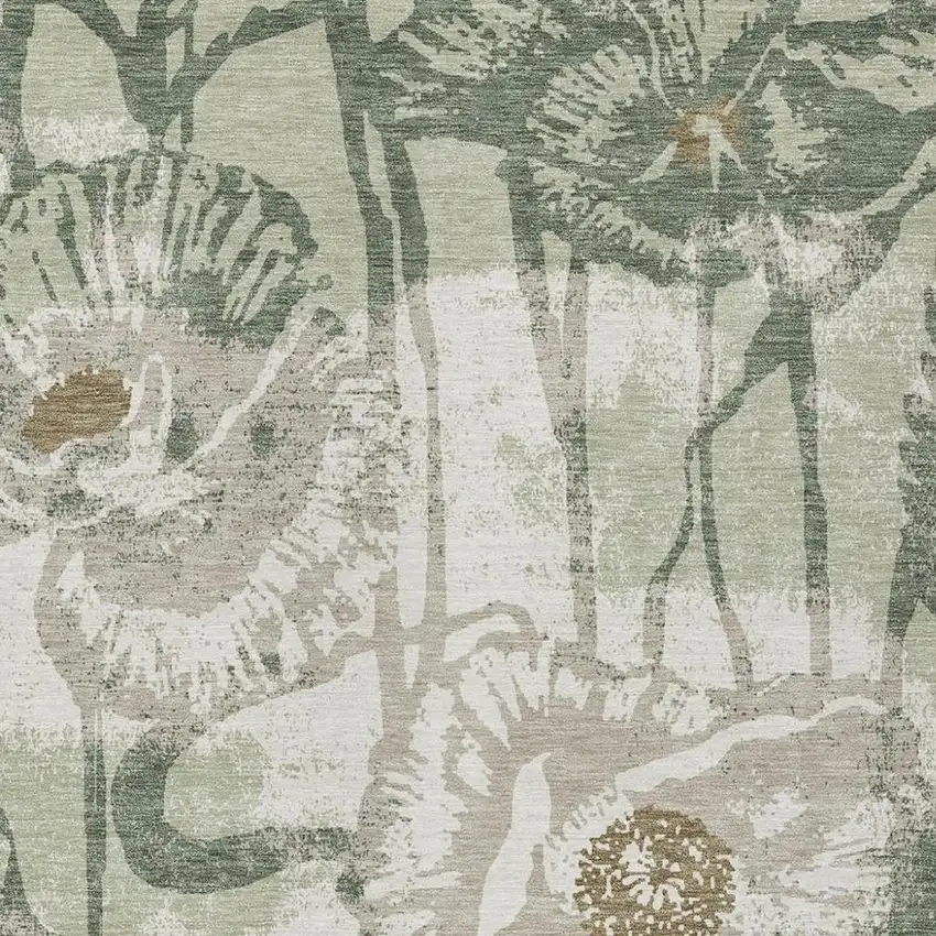 Green And Ivory Floral Washable Indoor Outdoor Area Rug Photo 2