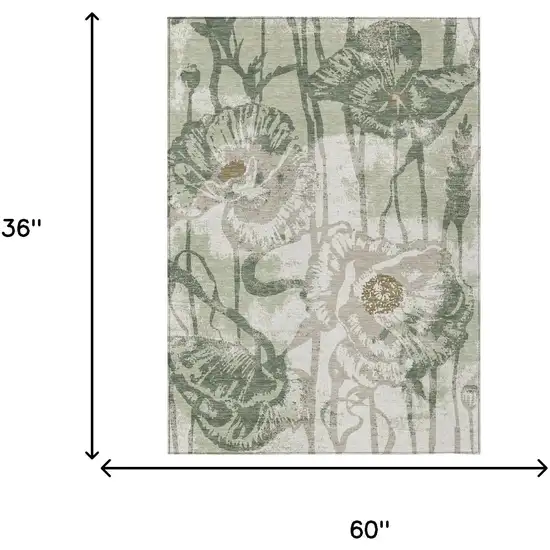 Green And Ivory Floral Washable Indoor Outdoor Area Rug Photo 6