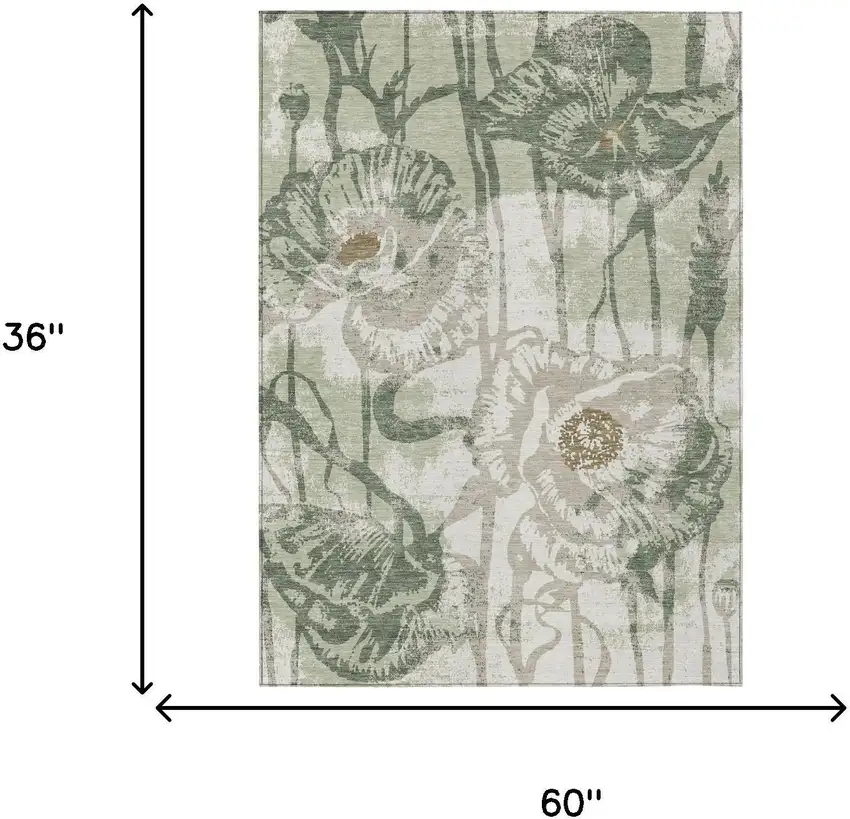 Green And Ivory Floral Washable Indoor Outdoor Area Rug Photo 6