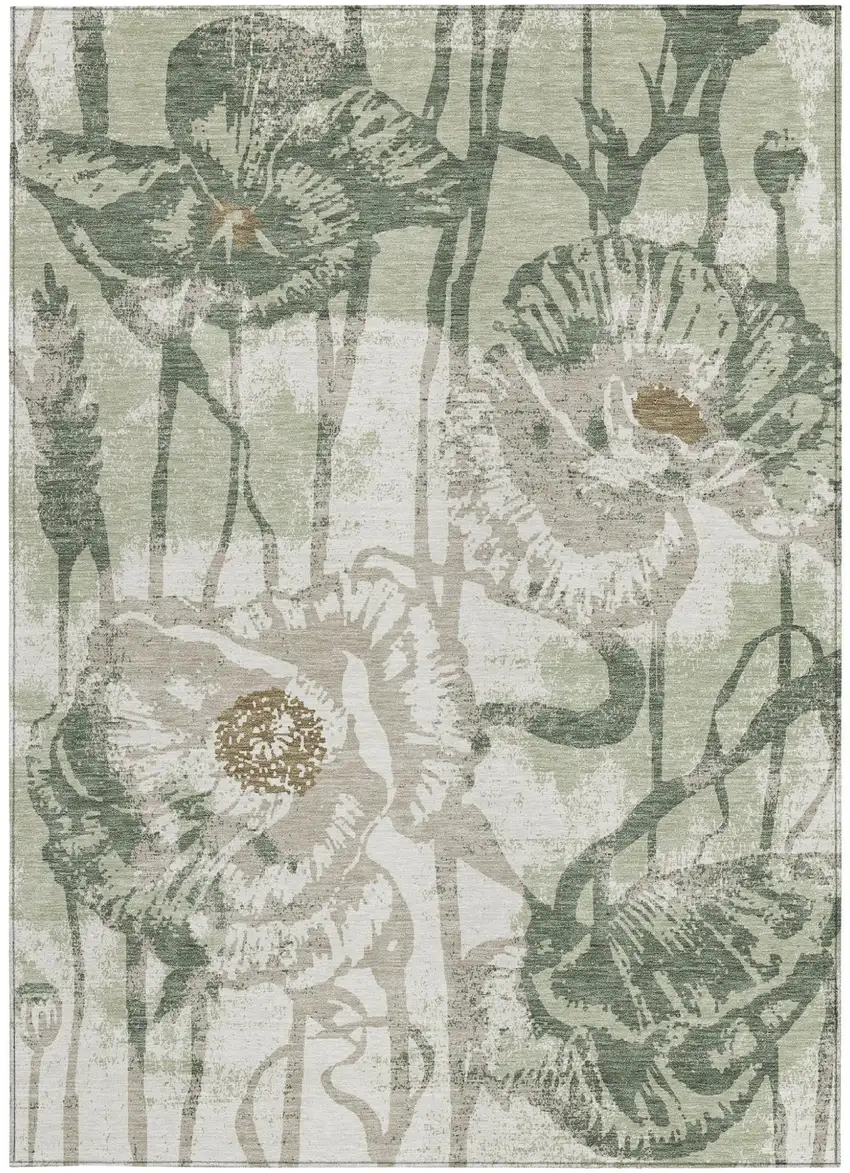 Green And Ivory Floral Washable Indoor Outdoor Area Rug Photo 3