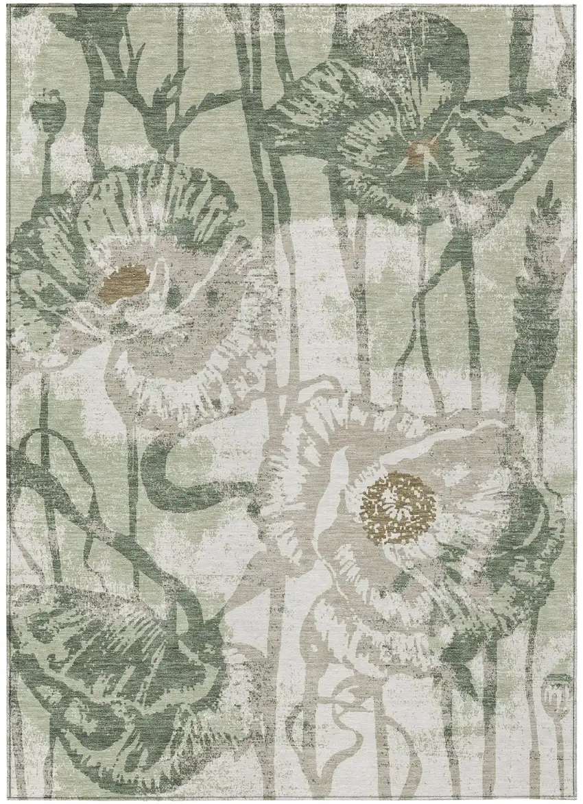 Green And Ivory Floral Washable Indoor Outdoor Area Rug Photo 2