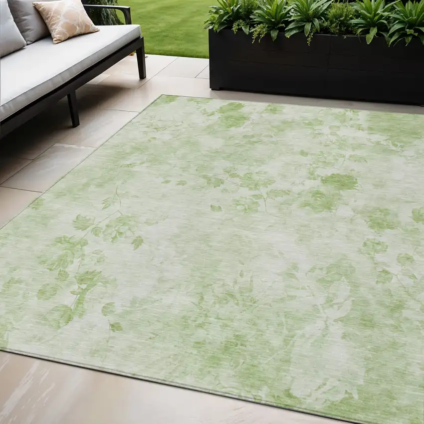 Green And Ivory Floral Washable Indoor Outdoor Area Rug Photo 2