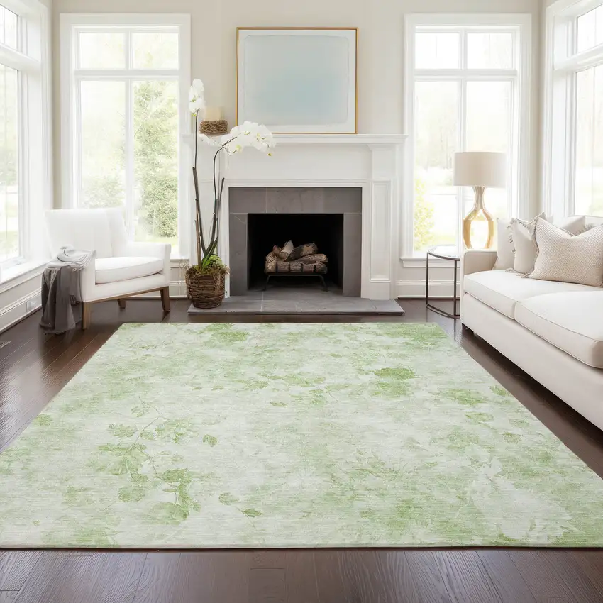 Green And Ivory Floral Washable Indoor Outdoor Area Rug Photo 9