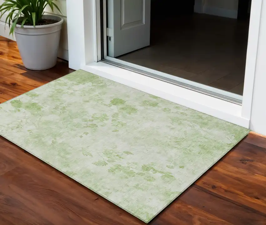 Green And Ivory Floral Washable Indoor Outdoor Area Rug Photo 1