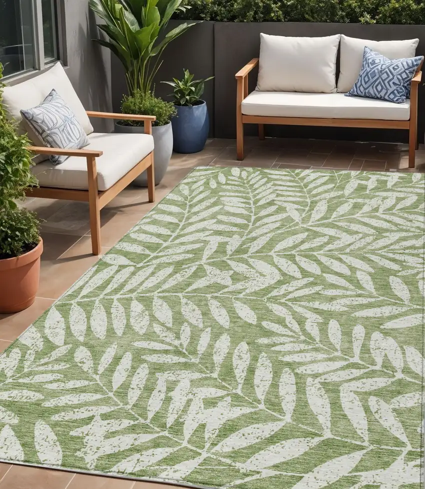 Green And Ivory Floral Washable Indoor Outdoor Area Rug Photo 1