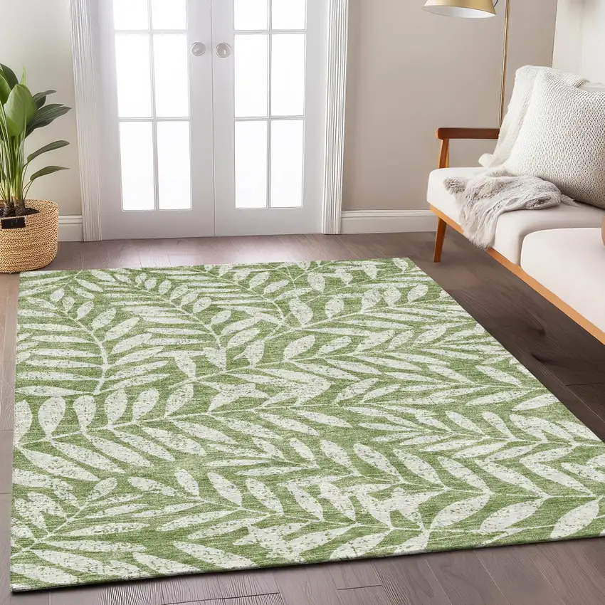 Green And Ivory Floral Washable Indoor Outdoor Area Rug Photo 9