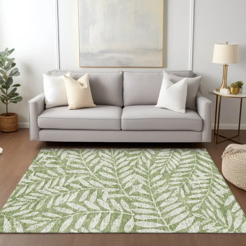 Green And Ivory Floral Washable Indoor Outdoor Area Rug Photo 9