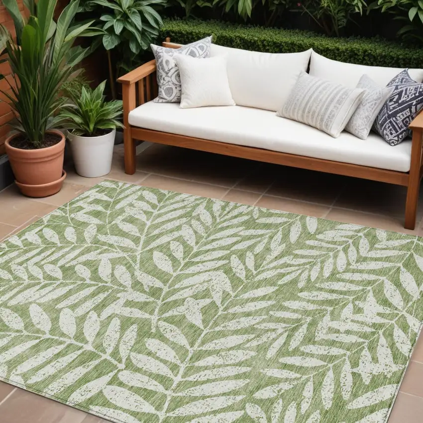Green And Ivory Floral Washable Indoor Outdoor Area Rug Photo 1
