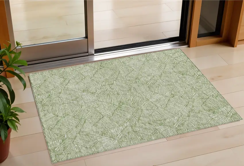 Green And Ivory Floral Washable Indoor Outdoor Area Rug Photo 1