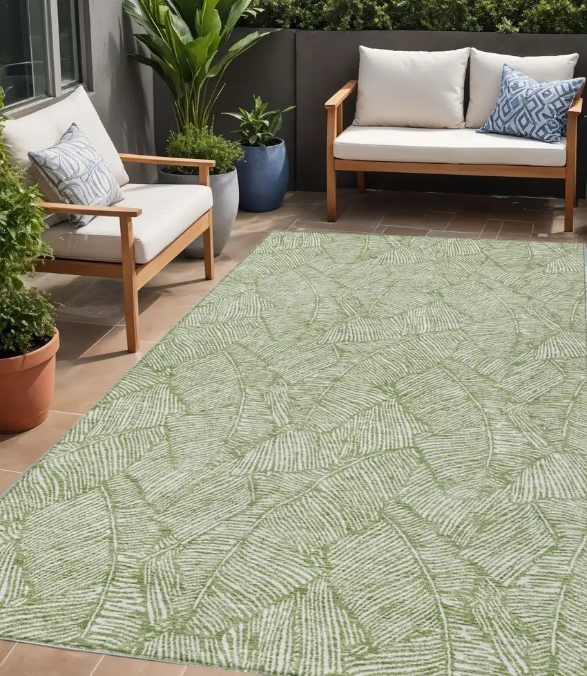 Green And Ivory Floral Washable Indoor Outdoor Area Rug Photo 1