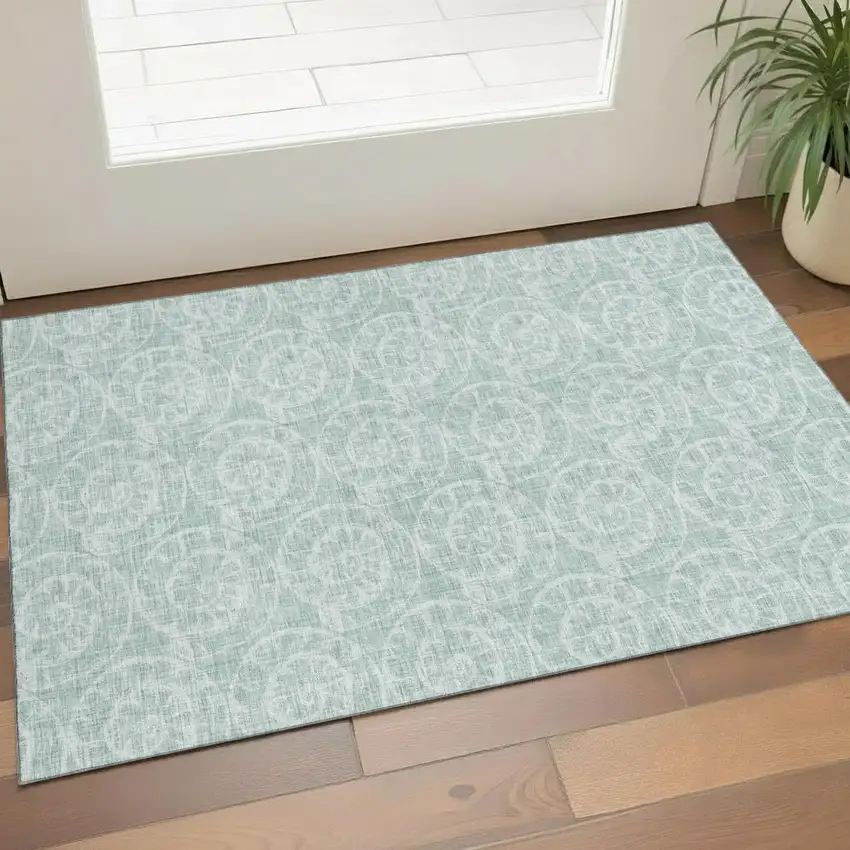 Green And Ivory Geometric Washable Area Rug With UV Protection Photo 1