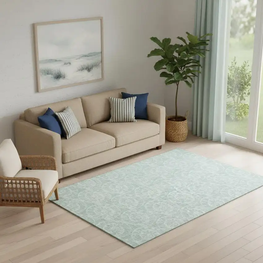 Green And Ivory Geometric Washable Area Rug With UV Protection Photo 1