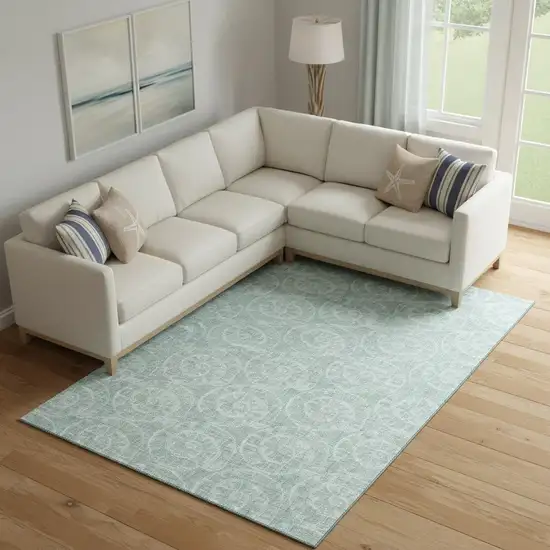 Green And Ivory Geometric Washable Area Rug With UV Protection Photo 1