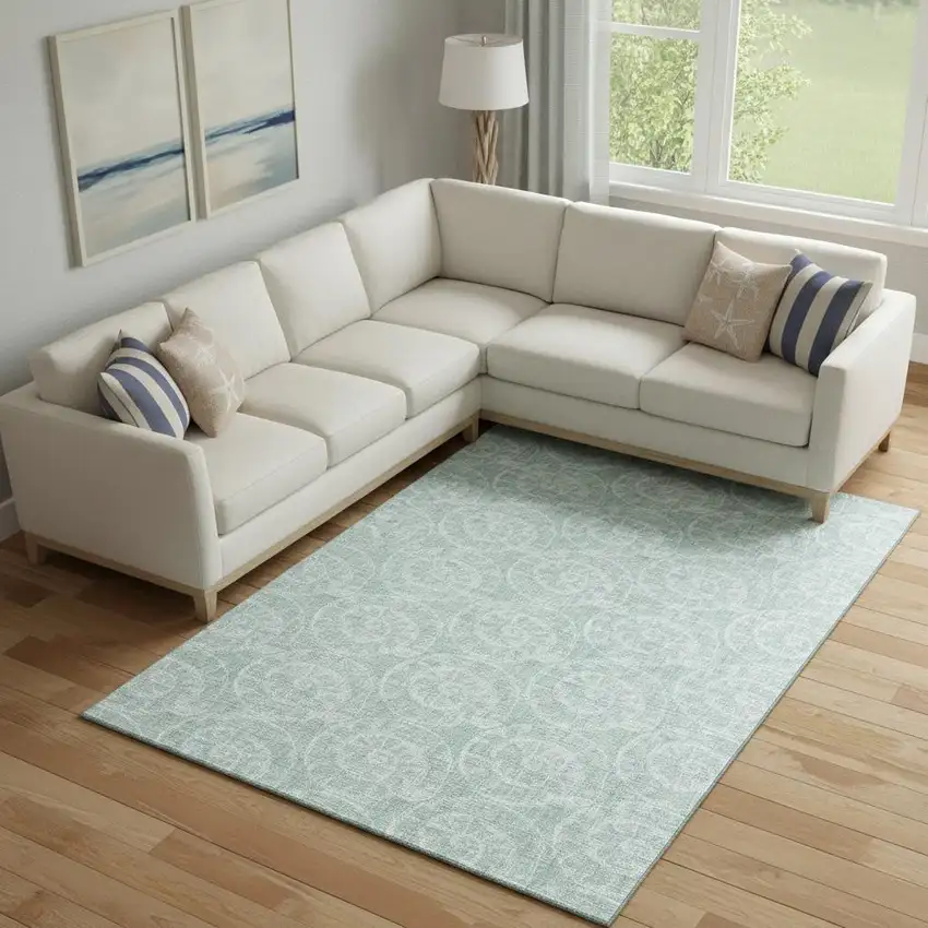Green And Ivory Geometric Washable Area Rug With UV Protection Photo 1