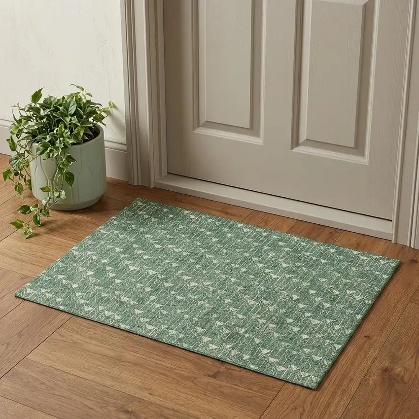 Green And Ivory Geometric Washable Area Rug With UV Protection Photo 1