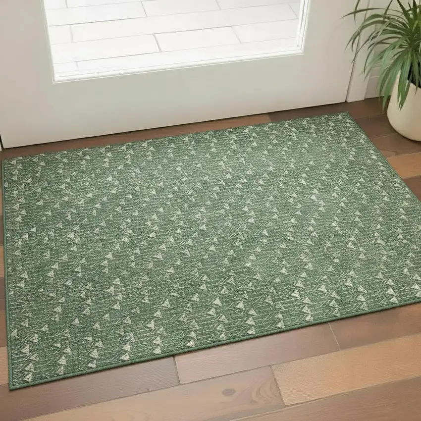 Green And Ivory Geometric Washable Area Rug With UV Protection Photo 1