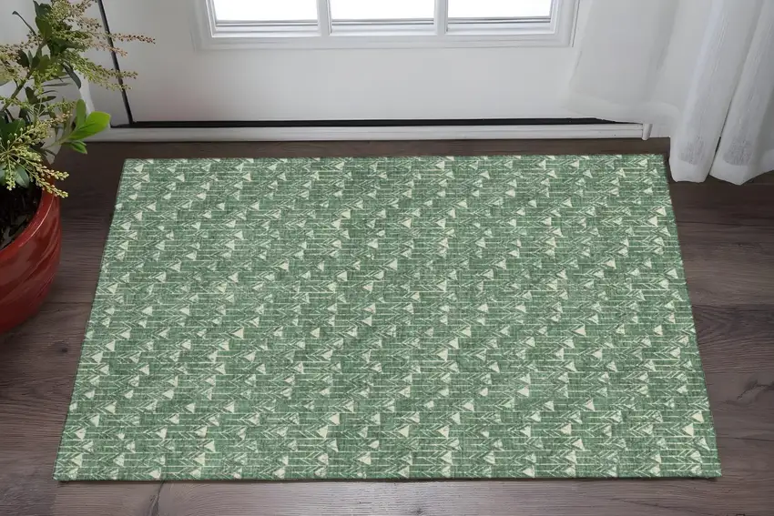 Green And Ivory Geometric Washable Area Rug With UV Protection Photo 2