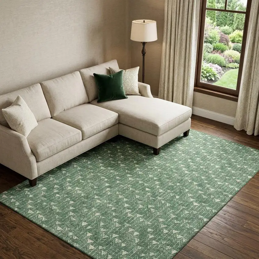 Green And Ivory Geometric Washable Area Rug With UV Protection Photo 1