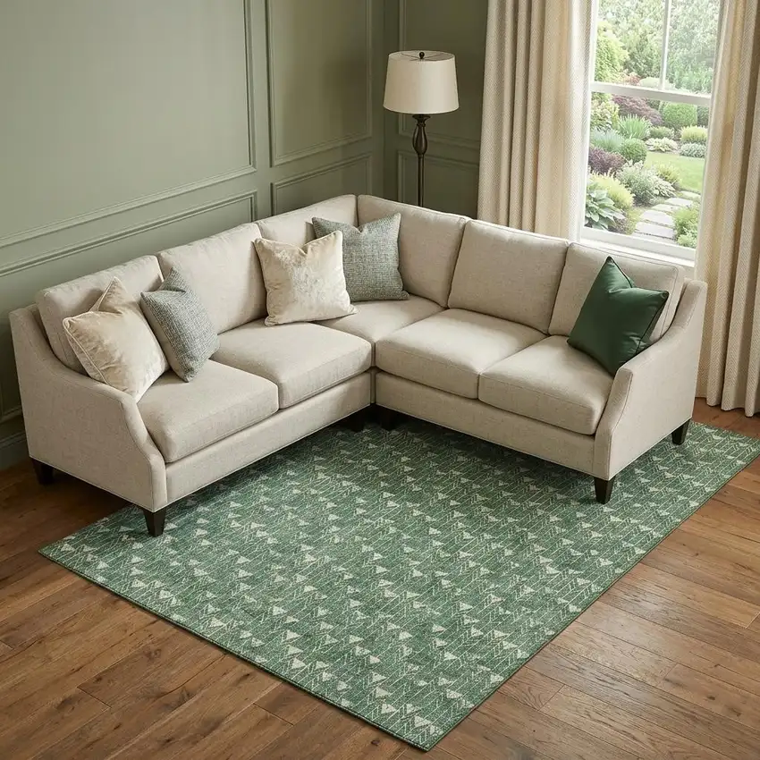 Green And Ivory Geometric Washable Area Rug With UV Protection Photo 1