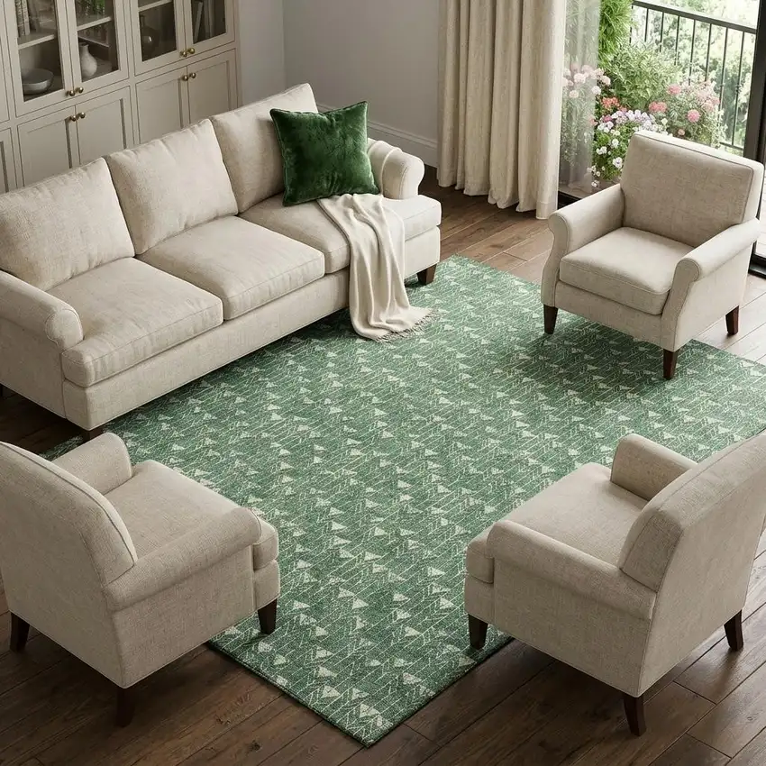 Green And Ivory Geometric Washable Area Rug With UV Protection Photo 1