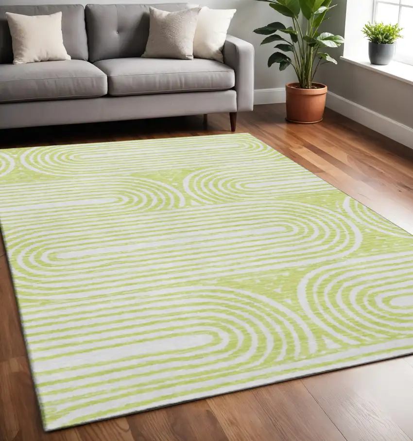 Green And Ivory Geometric Washable Area Rug With UV Protection Photo 2