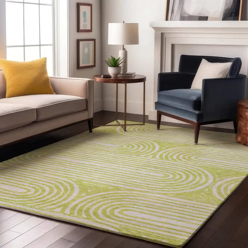 Green And Ivory Geometric Washable Area Rug With UV Protection Photo 4