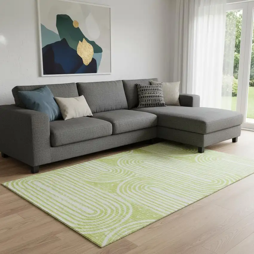 Green And Ivory Geometric Washable Area Rug With UV Protection Photo 1