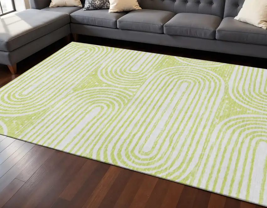 Green And Ivory Geometric Washable Area Rug With UV Protection Photo 2