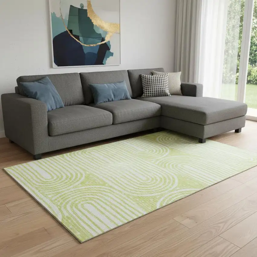 Green And Ivory Geometric Washable Area Rug With UV Protection Photo 1