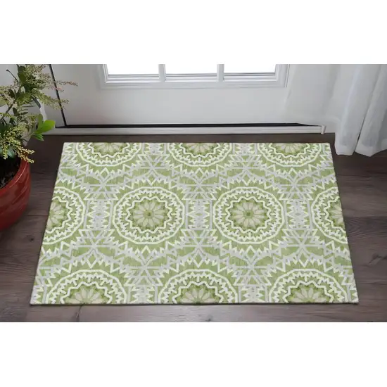 Green And Ivory Geometric Washable Area Rug With UV Protection Photo 2
