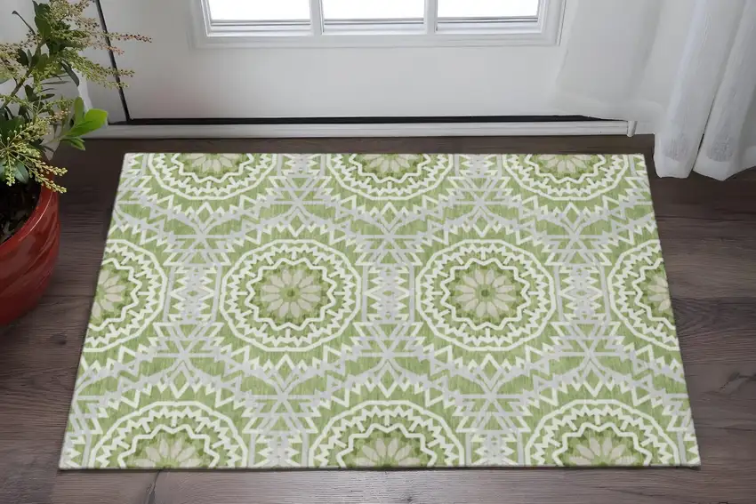 Green And Ivory Geometric Washable Area Rug With UV Protection Photo 2