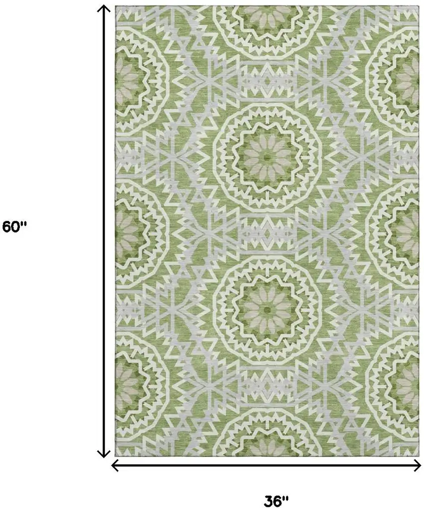 Green And Ivory Geometric Washable Area Rug With UV Protection Photo 3