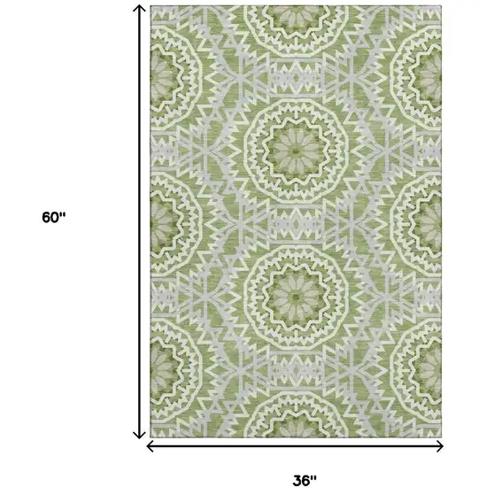 Green And Ivory Geometric Washable Area Rug With UV Protection Photo 3