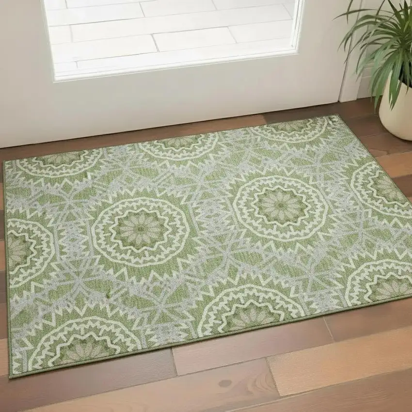 Green And Ivory Geometric Washable Area Rug With UV Protection Photo 1