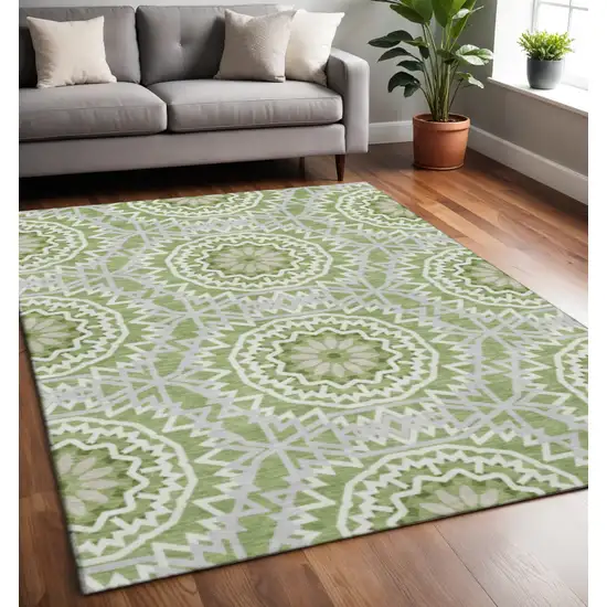 Green And Ivory Geometric Washable Area Rug With UV Protection Photo 2