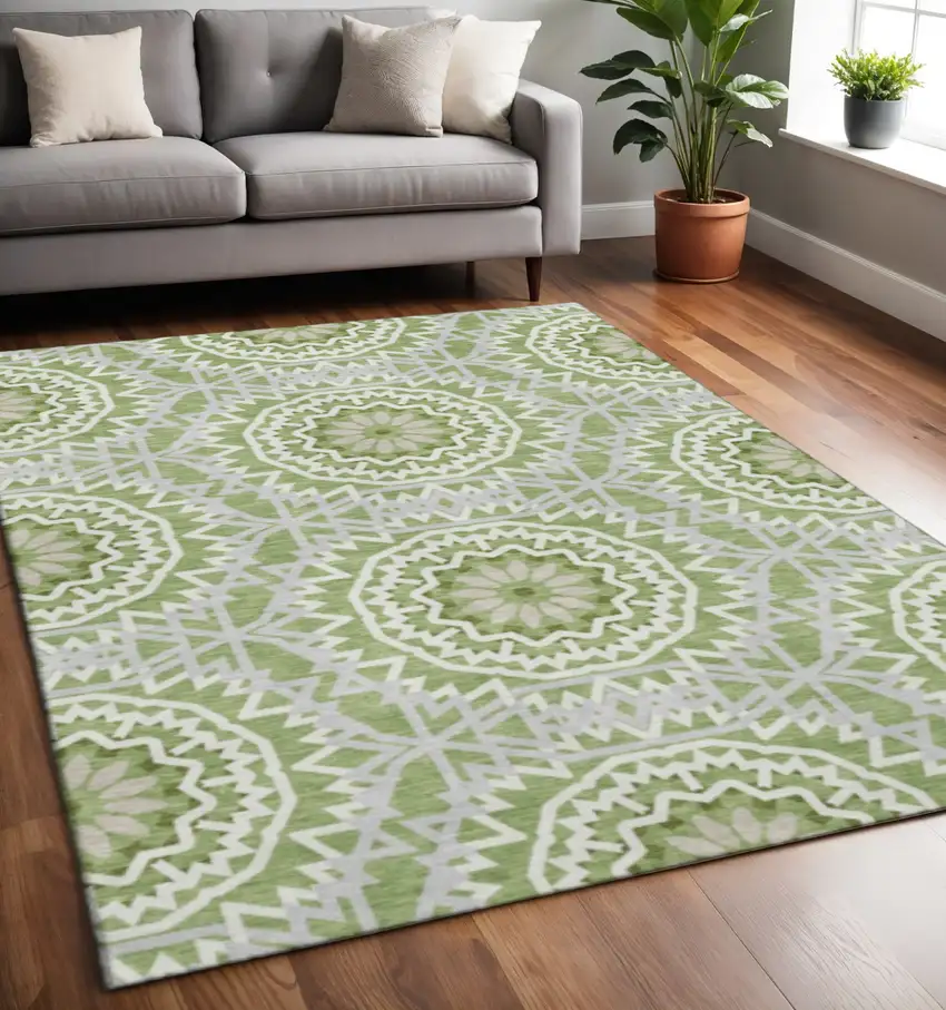 Green And Ivory Geometric Washable Area Rug With UV Protection Photo 2