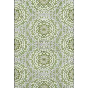 Photo of Green And Ivory Geometric Washable Area Rug With UV Protection