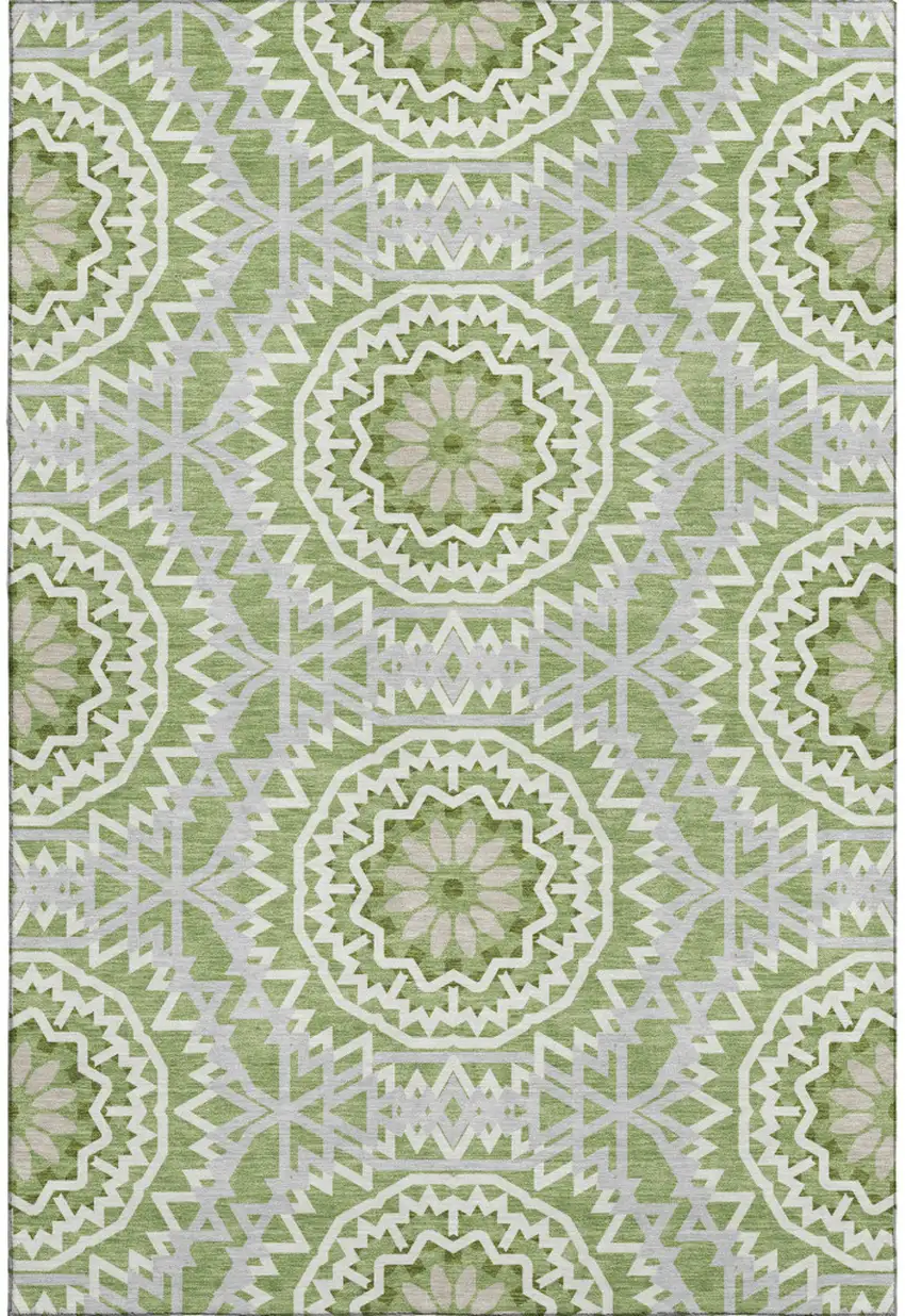 Green And Ivory Geometric Washable Area Rug With UV Protection Photo 1