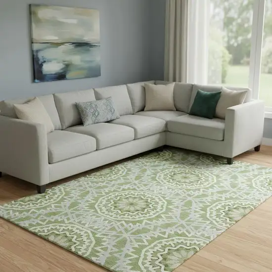 Green And Ivory Geometric Washable Area Rug With UV Protection Photo 1
