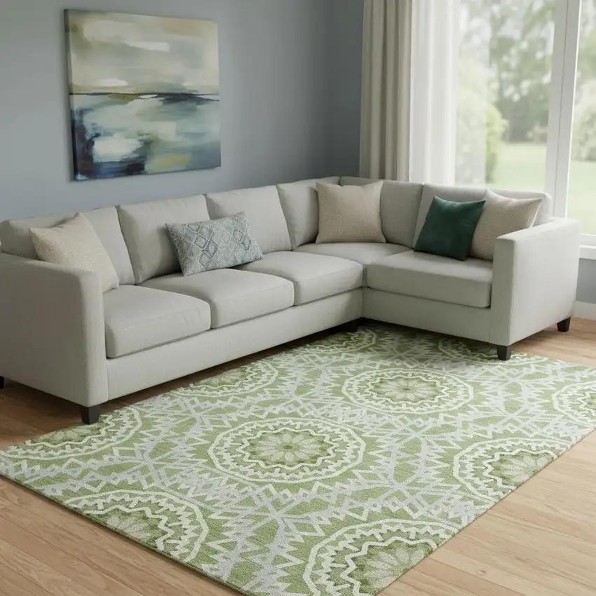 Green And Ivory Geometric Washable Area Rug With UV Protection Photo 1