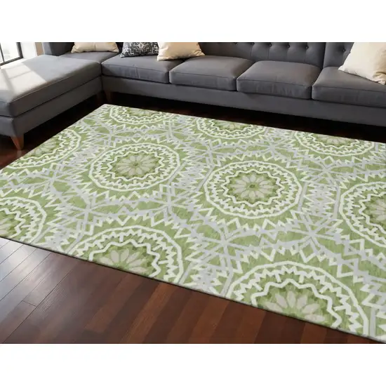 Green And Ivory Geometric Washable Area Rug With UV Protection Photo 2