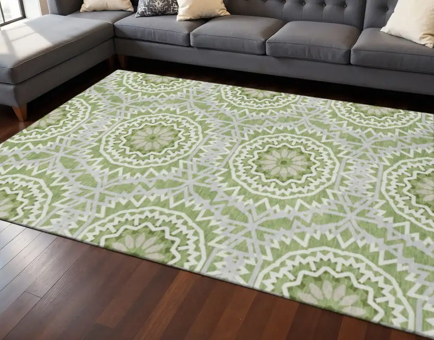 Green And Ivory Geometric Washable Area Rug With UV Protection Photo 2