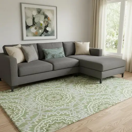 Green And Ivory Geometric Washable Area Rug With UV Protection Photo 1