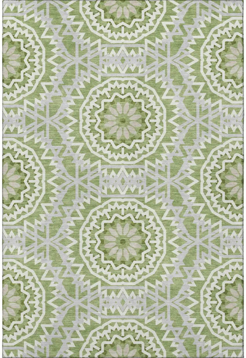 Green And Ivory Geometric Washable Area Rug With UV Protection Photo 4