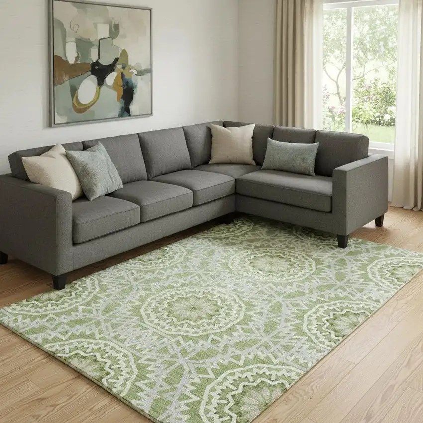 Green And Ivory Geometric Washable Area Rug With UV Protection Photo 1
