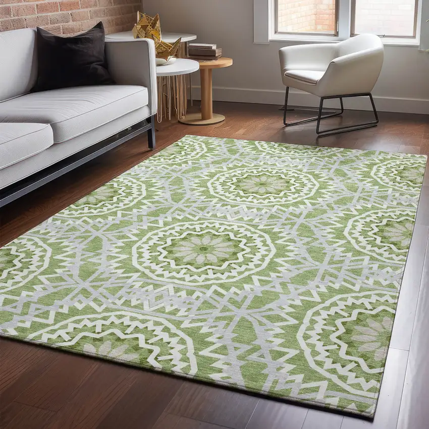 Green And Ivory Geometric Washable Area Rug With UV Protection Photo 5